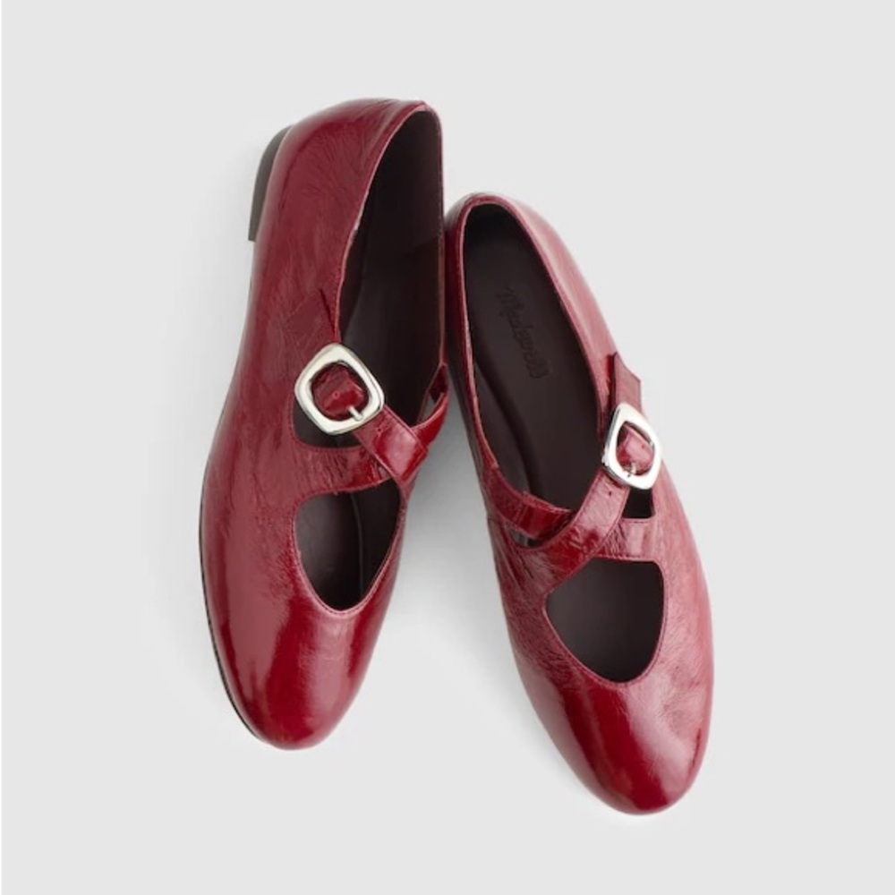 Madewell Red Patent Mary Jane Flats with Silver Buckles
